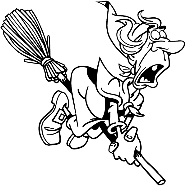 Old woman riding a broom vinyl sticker. Customize on line. Phenomena and History 072-0373